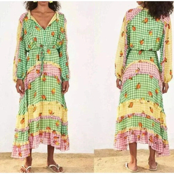 Farm Rio Mixed Picnic Ruffle Trim Maxi Dress Size Medium New With Tags - Picture 1 of 6